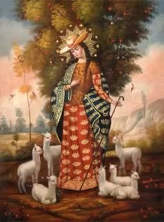 a painting of a woman surrounded by llamas