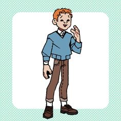 a cartoon boy in a blue shirt and brown pants with his hand up to the side