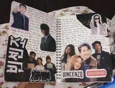 an open notebook with pictures of people on it and the words harry potter written in spanish