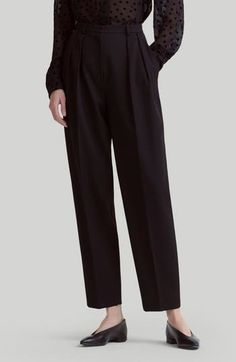 Tailored from Italian-woven virgin wool, these tapered-leg pants feature reversed front pleats that create a relaxed fit. 27" inseam; 15" leg opening; 12 1/2" front rise; 16" back rise (size 42FR) Zip fly with hook-and-bar closure Front slant pockets; back button-welt pockets 100% virgin wool Dry clean Made in Italy Designer Clothing Elegant Tapered Pants For Fall, Elegant Tapered Fall Pants, Pleated Formal Pants For Fall, Formal Relaxed Fit Pleated Pants, Formal Relaxed Fit Ankle-length Dress Pants, Wool Wide Leg Pants For Work, Formal Ankle-length Relaxed Fit Dress Pants, Formal Relaxed Fit Tapered Leg Pants, Formal Relaxed Fit Pants With Tapered Leg