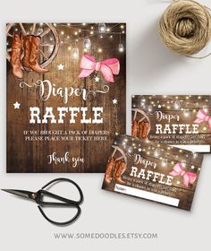 a pair of scissors and some string lights on a wooden background with the words paper raffle