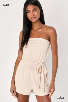 We're obsessed with those easy-going days where all you need is the Lulus Leisurely Moments Beige Ribbed Knit Strapless Lounge Romper! Stretchy ribbed knit makes it easy to chill all day in this strapless lounge romper that has an elasticized, straight neckline and a relaxed bodice. High, elasticized waist features a belt loops and a tying sash belt before falling to flowy attached shorts. Fit: This garment fits true to size. Length: Mid-thigh. Size medium measures 24.5" from top to bottom. Inse Lounge Romper, Shorts Fit, Lulu Fashion, Adhesive Bra, Straight Neckline, Sash Belt, Easy Going, Strapless Bra, All You Need Is