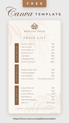 Beige and Brown Aesthetic Neutral Beauty Salon Price List Design Price List Design Salon Nails, Price List Salon Design, Canva List Template, Salon Pricelist Design, Nail Art Flyer Design, Beauty Salon Menu Design, Beauty Salon Price List Template, Beauty Salon Price List Design