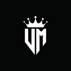 the letter um with a crown on it's head logo is black and white