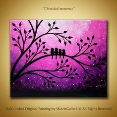 a painting of two birds sitting on a tree branch with purple sky in the background