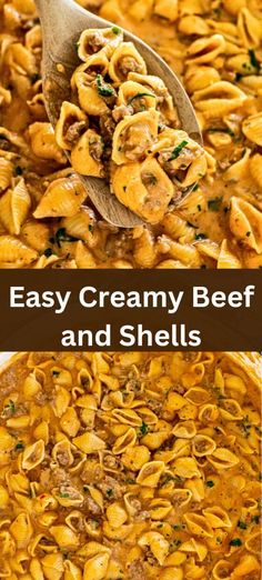 easy creamy beef and shells recipe in a skillet with a ladle full of pasta