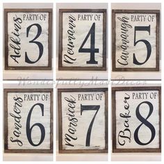 six wooden signs with numbers on them that say party of the year, and have black lettering