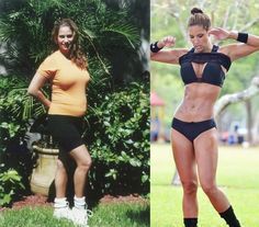 two pictures of women in bikinis and one is showing off her muscles