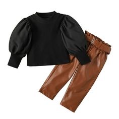 Toddler Kids Baby Girls Puff Sleeve Ribbed Top Leather Pants with Belt 3pcs Girl'S Fashion Outfits Clothes Set. Long-sleeved crew-neck knitted tops, trendy leather pants, and matching belts make your girl more stylish, and puff sleeves add a touch of cuteness. Fall winter clothes 3pcs set for 1-2T toddler girl,2-3 years old little girl, 3-4Y girl,4-5T baby,5-6t littler kid. The clothes are made of high-quality fabrics, soft and comfortable, keep your baby warm in this cold autumn and winter. Col Bubble Sleeve Top, Leather Pant, Puff Long Sleeves, Autumn Clothes, Long Puff Sleeves, Girls Fashion Clothes, Bell Bottom