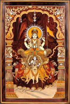 an ornate painting on wood depicting the hindu god and his four avatars, with two dogs