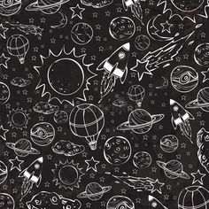 seamless pattern with doodles on the theme of space and stars, chalkboard style