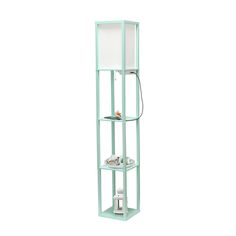 a tall shelf with two shelves on each side and a light blue finish to it