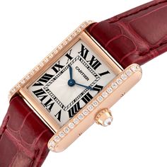 Cartier Tank Louis Rose Gold Diamond Ladies Watch WJTA0010 Box Card. Manual winding movement. 18k rose gold case 29.5 x 22.0 mm. Circular grained crown set with an original Cartier factory diamond. Original Cartier factory diamond bezel. Mineral crystal. Silver guilloche dial with black Roman numerals. Sword shaped blued steel hands. Secret Cartier signature at X. Burgundy leather strap with 18K rose gold deployant buckle. Cartier Rectangular Watch Accessories For Anniversary, Elegant Rectangular Rose Gold Diamond Watch, Elegant Rose Gold Rectangular Diamond Watch, Cartier Rectangular Watch For Anniversary, Rectangular Cartier Watch For Anniversary, Rose Gold Diamond Watch With Rectangular Dial For Anniversary, Rose Gold Diamond Watch For Anniversary With Rectangular Dial, Cartier Rectangular Watch As A Gift, Rectangular Cartier Watch As A Gift