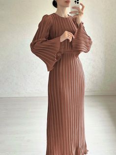 Lasaky - Elegant Waist-Cinching Casual Dress with Round Neck, Pleats, Bell Sleeves, and Tie Detail Loose Maxi Dress, Trumpet Sleeve, Elegant Maxi Dress, Loose Fitting Dresses, Autumn Dress, Winter Dress, Pleated Maxi Dress, Pleated Maxi, Crewneck Dress