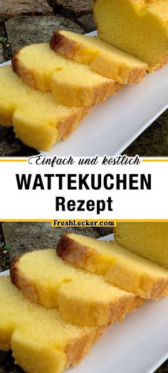 two pictures show slices of cake on a white plate with the words watte kuchen rezept