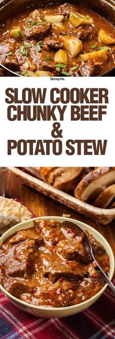 the recipe for slow cooker chunky beef and potato stew is shown in two images