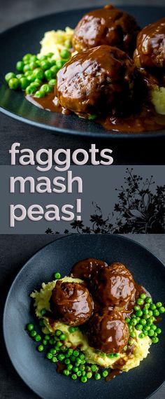 two plates with meatballs and mash peas on them