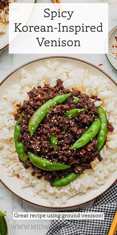 spicy korean - inspired venison served over rice on a plate with chopsticks