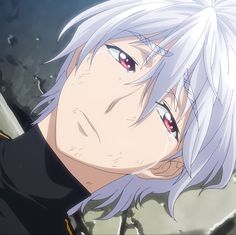 an anime character with white hair and red eyes looking at something in the distance behind him