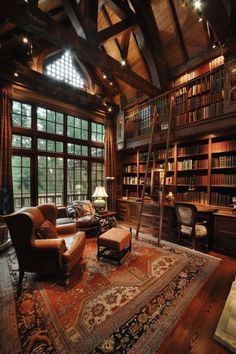 a living room filled with lots of books and furniture next to a tall book shelf