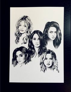 a drawing of four women with different hair styles and colors on the face, in black and white