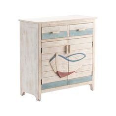 a white wooden cabinet with a boat painted on it