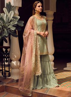 Light Green Embroidered Sharara Suit | Lashkaraa Green Gharara, Green Sharara Suit, Green Sharara, Indian Suits For Women, Leaf Sleeve, Sharara Designs, Kurta Sharara Set, Kurta Sharara, Embroidered Motifs