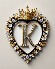 the letter k is surrounded by diamonds and a crown on top of it in a heart - shaped frame