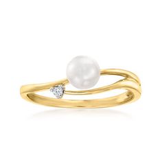 Ross-Simons - 5-5.5mm Cultured Pearl, Diamond-Accented Ring Round Cut in 14kt Yellow Gold. Size 6. RS Pure. Modern designs that complete your outfit and complement your personality. This ring keeps it simple and chic, but also sweet. A 5-5.5mm cultured freshwater pearl sits at the center of the open-band ring, showing off a hint of sparkle from a single diamond accent. Set in polished 14kt yellow gold. 1/4" wide. Diamond-accented and white pearl ring. Pearl birthstones are the perfect gift for J Accented Ring, Diamond Ring Cuts, White Pearl Ring, Cultured Pearl Bracelet, Pearl Birthstone, Ring Pearl, Pearl Anklet, Diamond Accent Ring, Freshwater Pearl Ring