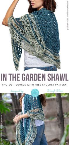 a woman wearing a blue shawl with the words in the garden shawl