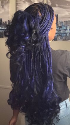 Bold Braids Hairstyles, Braid Hairstyles With Curly Ends, Black And Blue French Curl Braids, Fanasty Braids Glitter, Dark Red Peekaboo Braids, Braid Ideas Color, Purple Black Braids, Purple French Braids, Braids With Curls At The End With Color