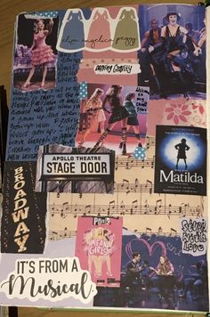 a book with many pictures and words on the pages, including music notes from various musical groups