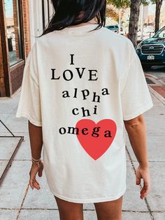 I Love Alpha Chi Omega Sorority Comfy T-Shirt Alpha Phi Red Dress Gala, Sorority Tshirt Designs, Alpha Chi Omega Shirt, Delta Zeta Shirts, Alpha Phi Shirts, Delta Gamma Sorority, Alpha Phi Sorority, Alpha Delta Pi Sorority, Delta Zeta Sorority