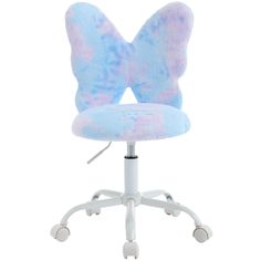 a blue and pink chair with a butterfly on it