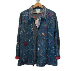 The Quacker Factory Women's Size 8 Button Down Art To Wear Embroidered Denim Look Jacket New New With Tags And Spare Repair Materials 100% Cotton Bh3 Bohemian Button-up Outerwear With Buttons, Fall Collared Outerwear With Floral Embroidery, Blue Embroidered Button-up Outerwear, Embroidered Button-up Fall Outerwear, Embroidered Button-up Outerwear For Fall, Spring Embroidered Collared Outerwear, Multicolor Button-up Outerwear For Spring, Embroidered Collared Outerwear For Fall, Multicolor Spring Outerwear With Button Closure