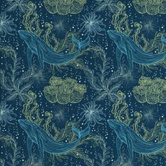 a blue and green fabric with an image of two dolphins swimming in the water, surrounded by seaweed