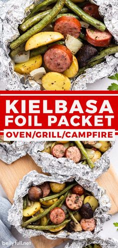 two foil packets filled with different types of vegetables and meats on top of each other