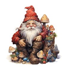 a painting of a gnome sitting on top of a mushroom stump with mushrooms around him