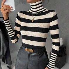 Super Cute And Stylish Ships In 5-10 Business Days Slim Fit Sweater, Pullover Outfit, Striped Turtleneck, Womens Turtleneck, Inspiration Mode, Casual Sweaters, Sweater Pattern, Knitwear Women, Long Sleeve Casual