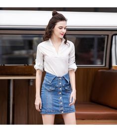 - Gross Weight : 400g - Material : Cotton,Spandex,Polyester - Elasticity : Slight - 1 inch = 2.54cm - if you cant confirm which size fit you, check our size guide or contact us. Fitted Button-up Denim Mini Skirt, Fitted Blue Button-up Denim Skirt, Fitted Button-up Denim Skirt For Work, Shop Skirts, Denim Skirt Fashion, Lapel Design, Modest Skirts, Denim Skirt Women, Early Spring Outfits