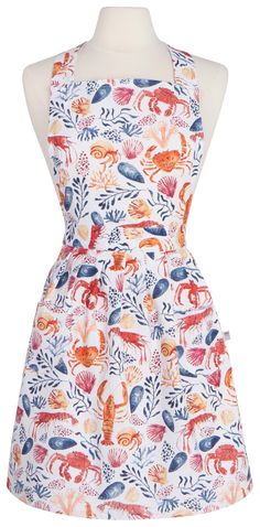 an apron dress with crabs and shells on it