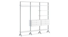 a white shelving unit with two drawers and three shelves on each side, in front of a white background