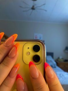 Acrylic Nails For Holiday Summer, Orange Oval Acrylic Nails, Pink Orange Almond Nails, Red Orange French Tip Nails, Nail Orange Pink, Orange Pink French Nails, Pink And Orange Nails Coffin, Neon Orange Pink Nails, Sunset French Tip Nails