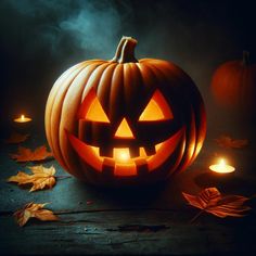 a carved pumpkin sitting on top of a wooden table next to some candles and leaves