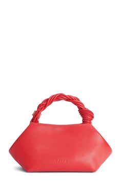 Red Small GANNI Bou Bag | GANNI US Modern Red Bags With Braided Handles, Designer Red Bag With Braided Handles, Butterfly Logo, Hands Holding, Floral Bags, Shoulder Backpack, Fiery Red, Recycled Leather, Handmade Bag