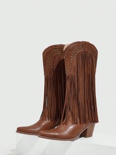 Styleloop Women's Shoes Fringe And Stud Detail Pointed Toe Chunky Heel Fashion Brown Western Boots Vacation Shoes Summer Sale, Cowboy Boots For Women Western Style Closed Toe Martin Boots For Fall, Trendy Festival Boots With Round Toe, Western Style Martin Boots With Closed Toe For Fall, Trendy Round Toe Boots For Festivals, Bohemian Mid-calf Boots With Round Toe For Fall, Round Toe Heeled Boots For Rodeo In Fall, Fall Round Toe Heeled Boots For Rodeo, Round Toe Heeled Boots For Fall Rodeo, Fall Rodeo Heeled Boots With Round Toe