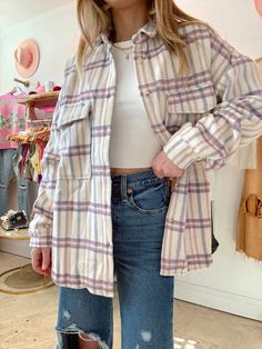 Our Lavender Latte Plaid Shacket is the cutest shacket to add to your collection! This shacket features lavender, mauve and cream plaid pattern, two front pockets, and a slit hem. Style this shacket with all your favorite jeans for the cutest outfits! Content: 100% Polyester Fit: TTS Model wearing size: Small Model sizing: 0-2 top, 24" bottoms | Height: 5'3" Lavender Latte, Colour Outfit, Cutest Outfits, Plaid Shacket, Choose Happy, Hem Style, Store Fronts, Free Spirit, Favorite Jeans