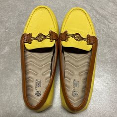 New Cushion Walk By Avon Rita Loafers Size 8 Yellow And Tan/Brown, Gold Metal Accents As Pictured Never Worn Yellow Slip-ons With Round Toe, Yellow Round Toe Slip-ons For Spring, Casual Yellow Leather Slip-ons, Casual Yellow Loafers With Round Toe, Casual Yellow Loafers For Work, Yellow Slip-on Summer Loafers, Summer Yellow Loafers With Flat Heel, Yellow Summer Loafers With Flat Heel, Yellow Slip-on Loafers For Spring