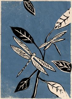 a blue and white drawing of leaves on a branch with the sky in the background