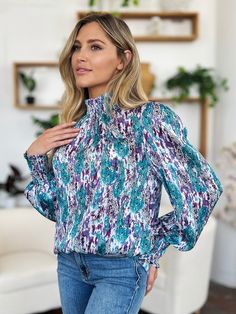 Features: Frill, Smocked Sheer: Semi-sheer Stretch: No stretch Material composition: 100% polyester Care instructions: Machine wash cold. Tumble dry low. Imported Size US Top Length Sleeve Length Bust S 6/8 27.2 25.2 40.9 M 10/12 27.8 25.6 43.3 L 14 28.3 26 45.7 XL 16 28.9 26.4 48 2XL 18/20 29.5 26.8 52 3XL 22/24 30.1 27.2 55.9 Blue Zone, Denim Short Dresses, Red Violet, Skirt Jumpsuit, Maxi Dress Formal, High Neck Long Sleeve, Double Take, Short Leggings, Formal Evening Dresses